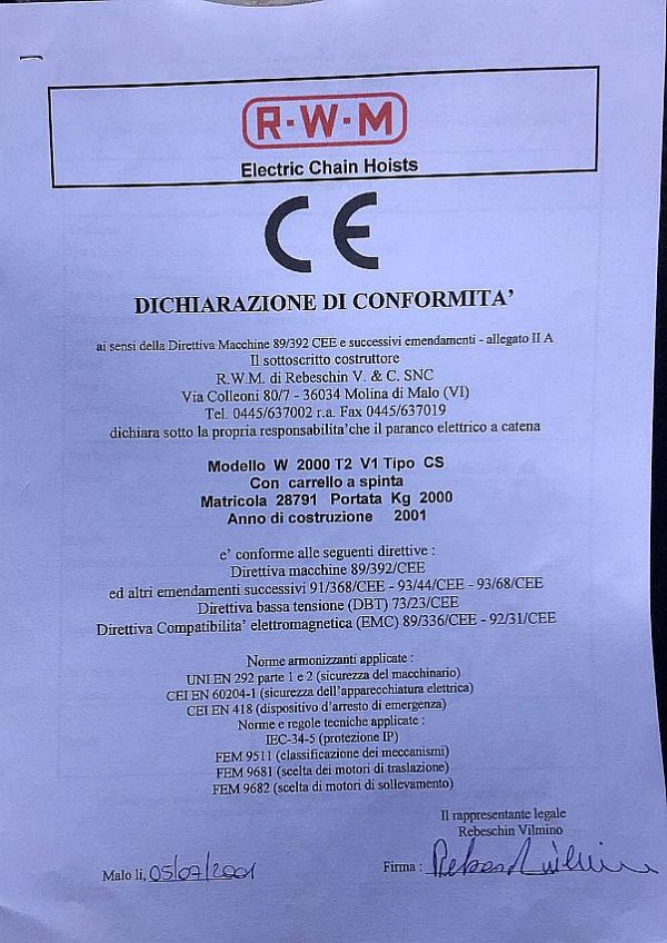 Paranco_elettrico_a_catena_marca_RWM_modello_W 2000_anno 2001_portata_2000 Kg_1_attrezzatura_officina_meccanica